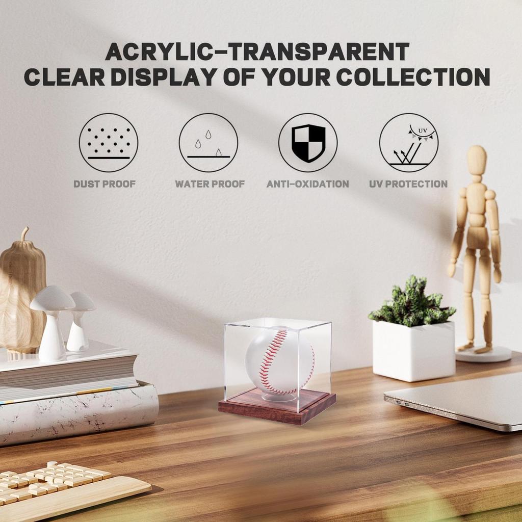 Baseball Vitrine Acryl Baseball Halter Display Box Transparent Sport Souvenirs Organizer mit Holzsockel für Tennis Golf