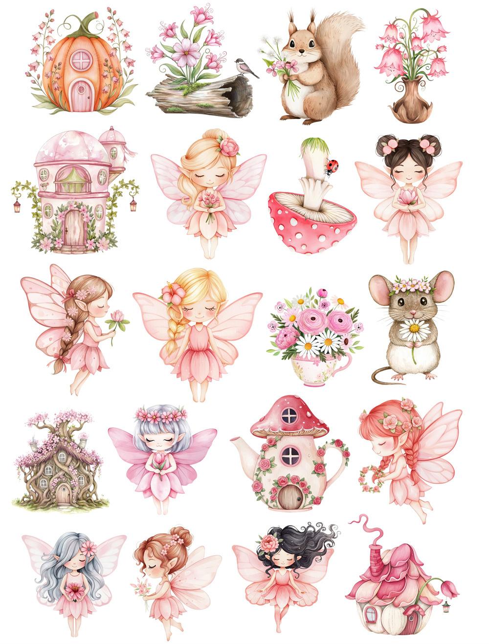 

20pcs Watercolor Pink Garden Fairy Sticker DIY Scrapbooking Album Junk Daily Planner Stationary for clippings, diaries, laptops белый