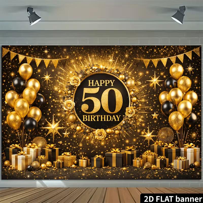 2D Luxury Black Gold Floral 50 Years Old Birthday Photography Backdrop Banner