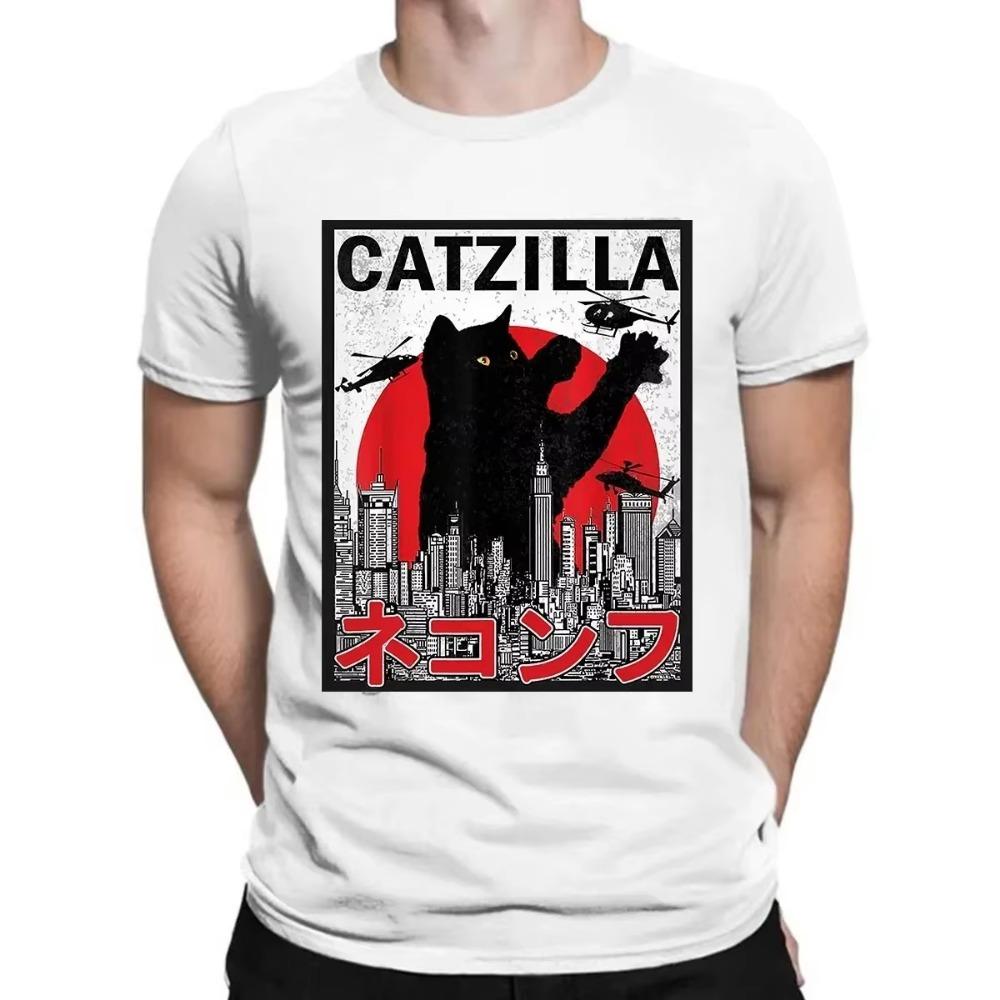 Funny Catzilla Japan Cat Kitten Lover Men T Shirt Male Casual Tees Summer Hombre Oversized Tee Harajuku Shirt Men Clothing