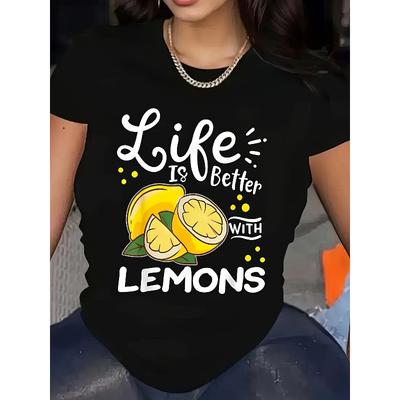 Taglie Europee T-shirt Casual da Donna Girocollo con Stampa Grafica "La Vita è Più Bella con i Limoni" - Manica Corta, Top Estivo e Primaverile