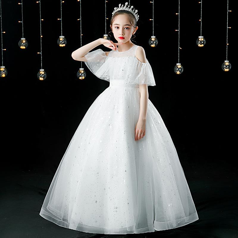 Elegant Girls' Long Formal Champagne Dress for Summer Piano Performance