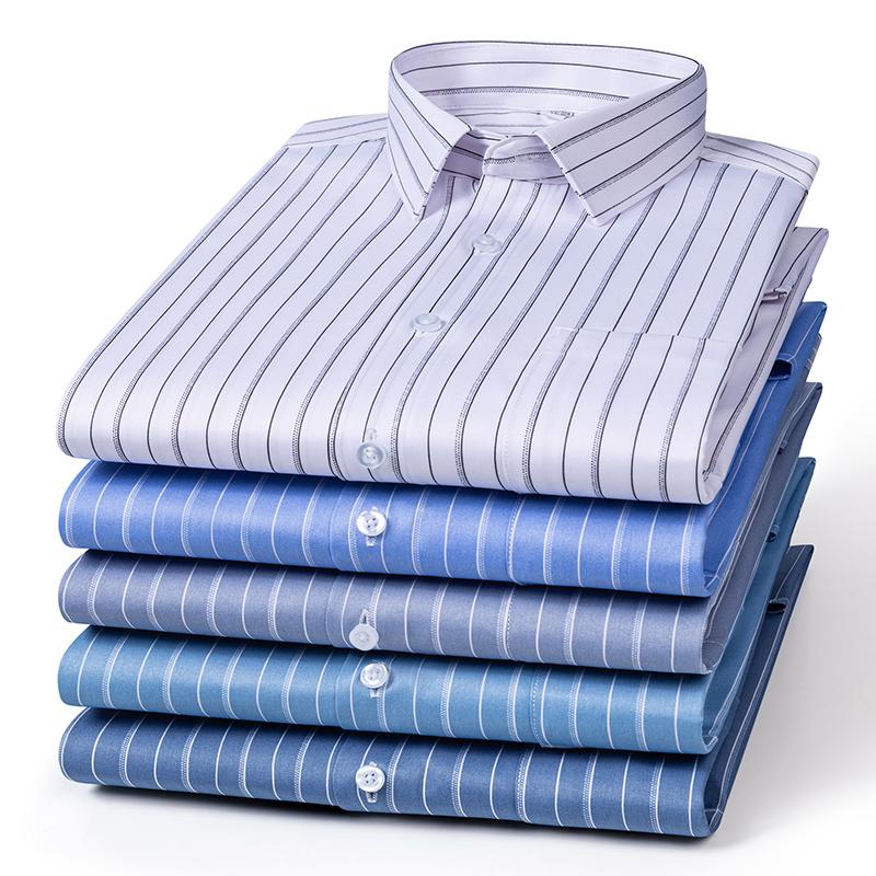 New Men's Stretch Anti-Wrinkle Striped Shirt Men's Long Sleeve Formal Plaid Shirt Men's Slim Fit Social Business Shirt S-5XL
