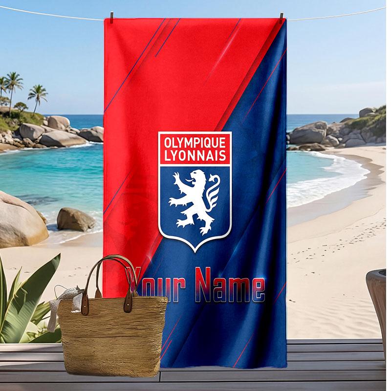 Lyon FC Personalized Printed Beach Towel Soccer Logo Support Custom Name Text Absorbent Towel For Sport Travel Special Gift