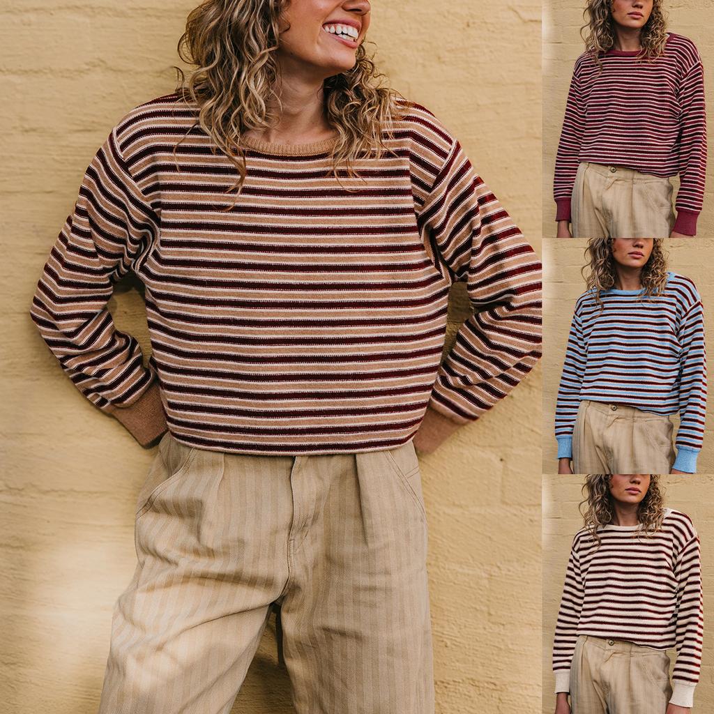 Crew Neck Women'S Knitted Versatile Fashion Autumn And Winter Striped Knitted Sweater Contrasting Color Loose Sweater