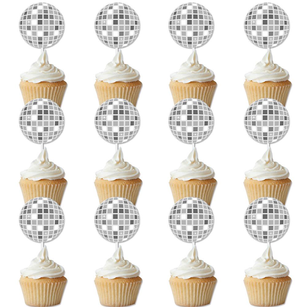 

12/24pcs Glitter Mirror Disco Ball Cake Toppers 1970s Silver Ball Cake Picks Disco Theme Dance Birthday Bachelorette Party decor 12pcs