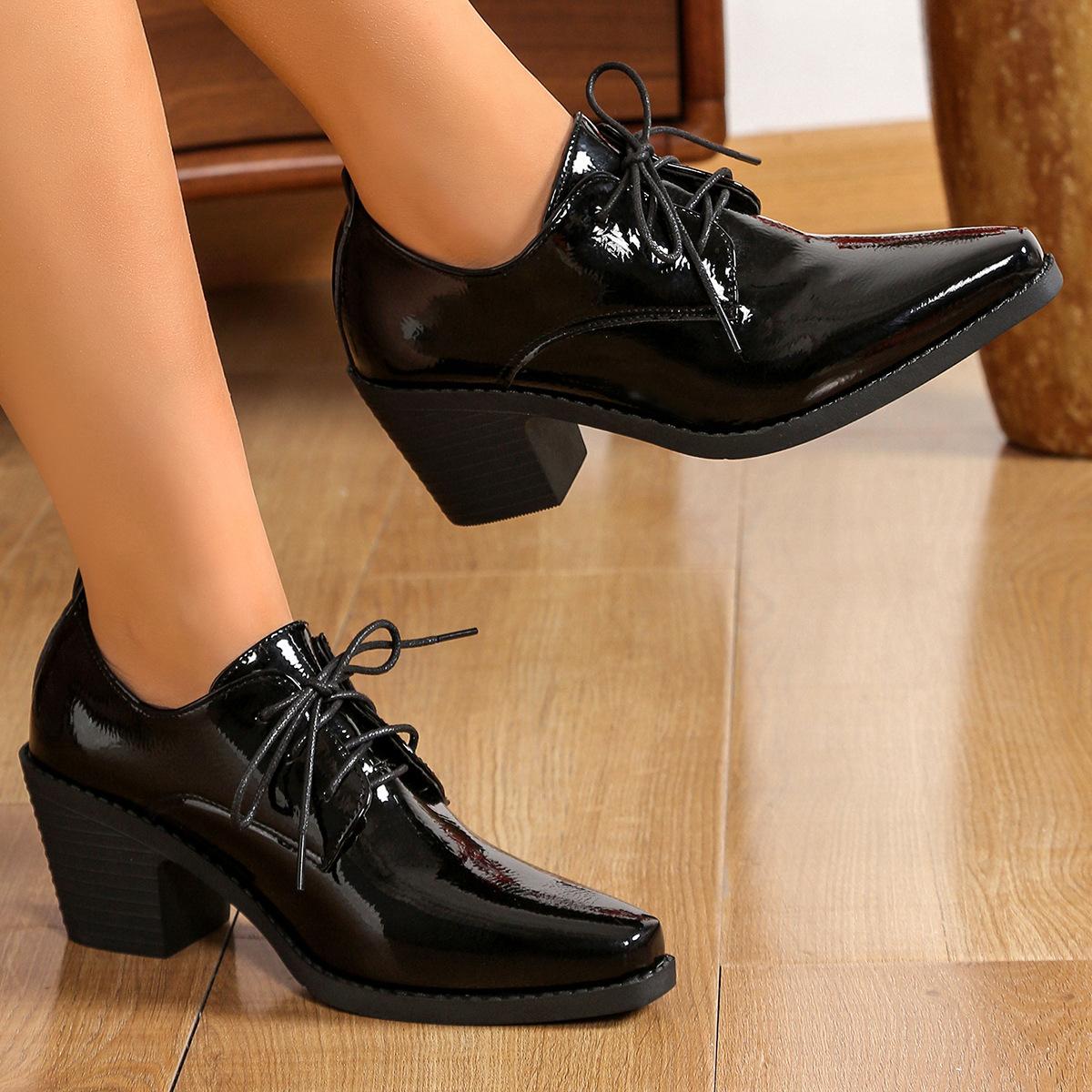 

Lace Up British Style Single Shoe In Bulk 2025 Autumn Thick Heel Pointed Low Top Single Shoe 43