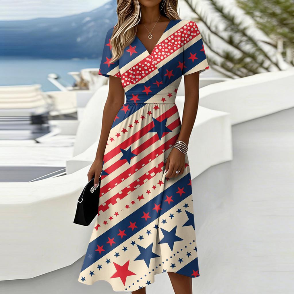 Women's Fashionable V Neck Short Sleeved Independent Day Print Casual Dress