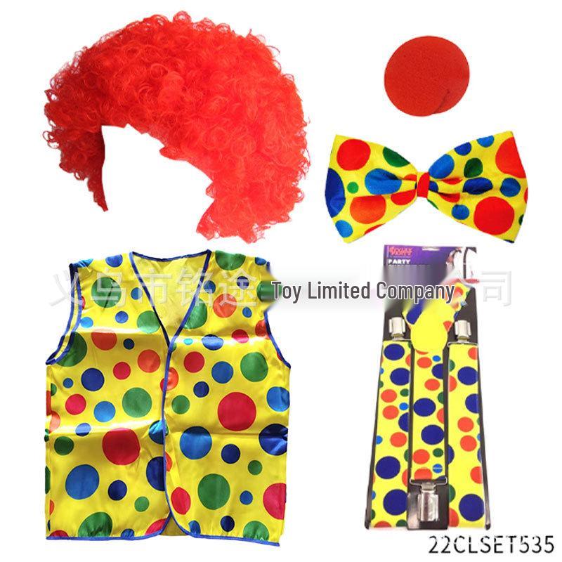 Colorful Clown Polka Dot Costume Set with Nose, Hat, Wig, Bow Tie, and Magic Props.