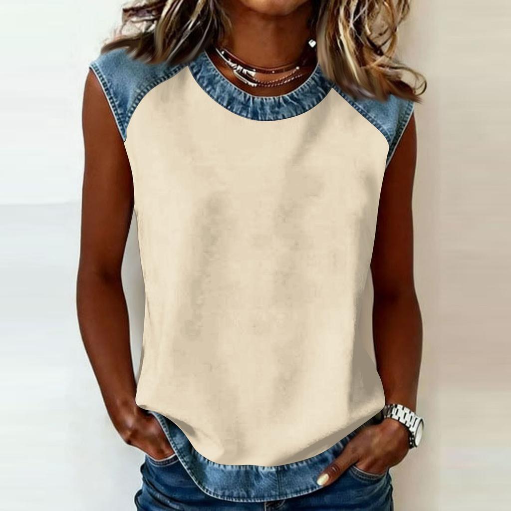 Sleeveless Crew Neck Top with Denim Trim Relaxed Fit Casual Shirt for Women Comfortable Design
