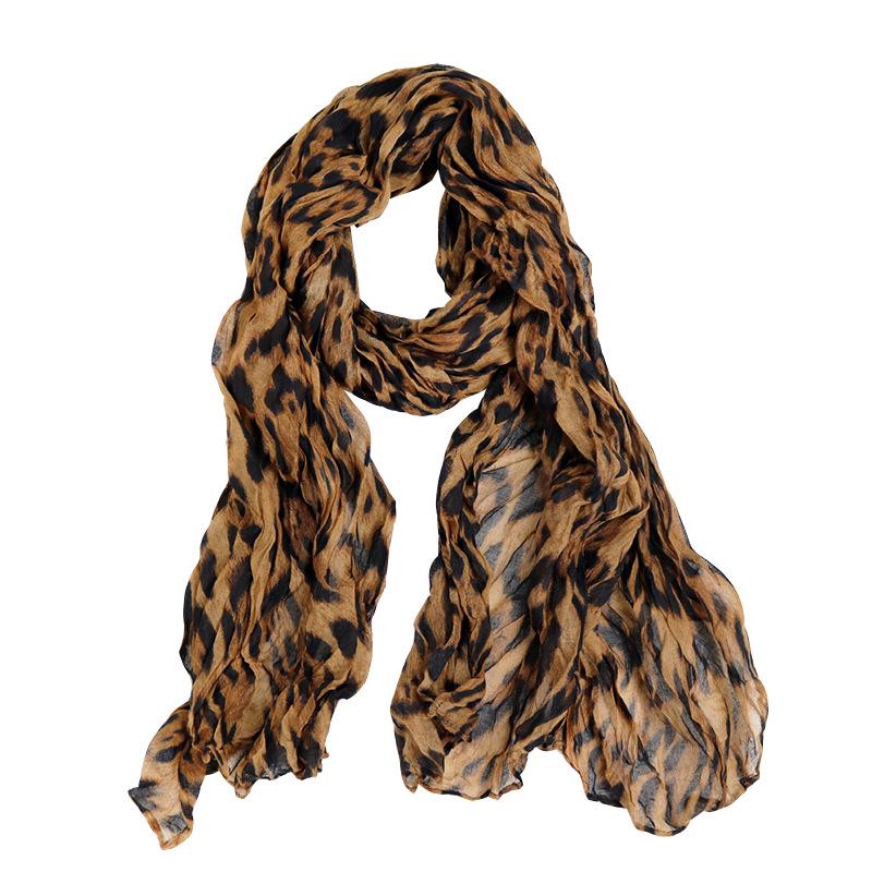 Women's Trendy Leopard Print Cotton Linen Pleated Scarf Shawl for All Seasons