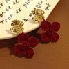 French Flocking Pleated Flower Stud Earrings For Women, Autumn And Winter Retro Light Luxury Ankola Red Temperament Earrings