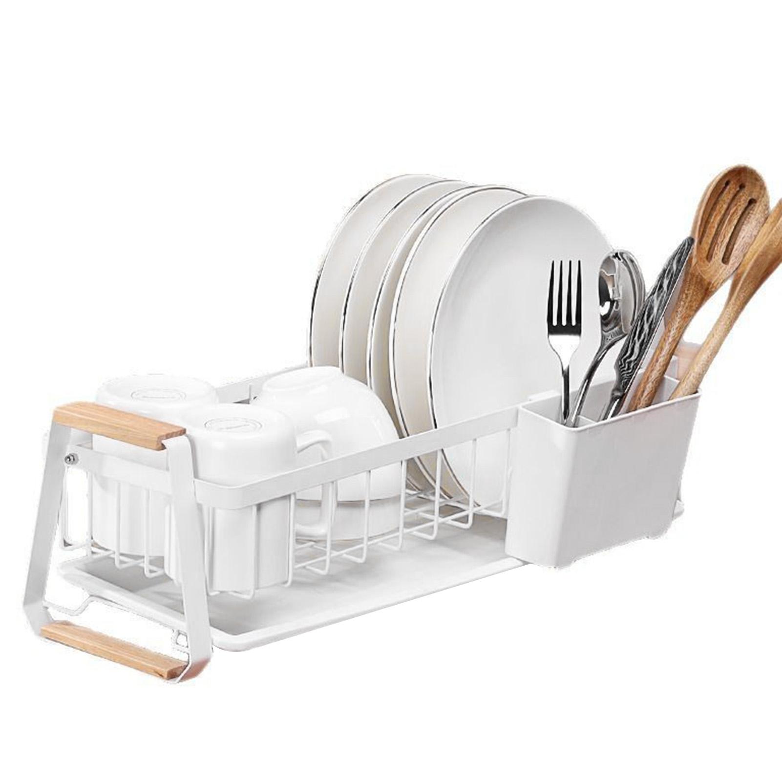 Dish Rack and Drain Board Kitchen Plate Cup Dish Drying Rack Tray Cutlery Dish Drainer with Wood Handle