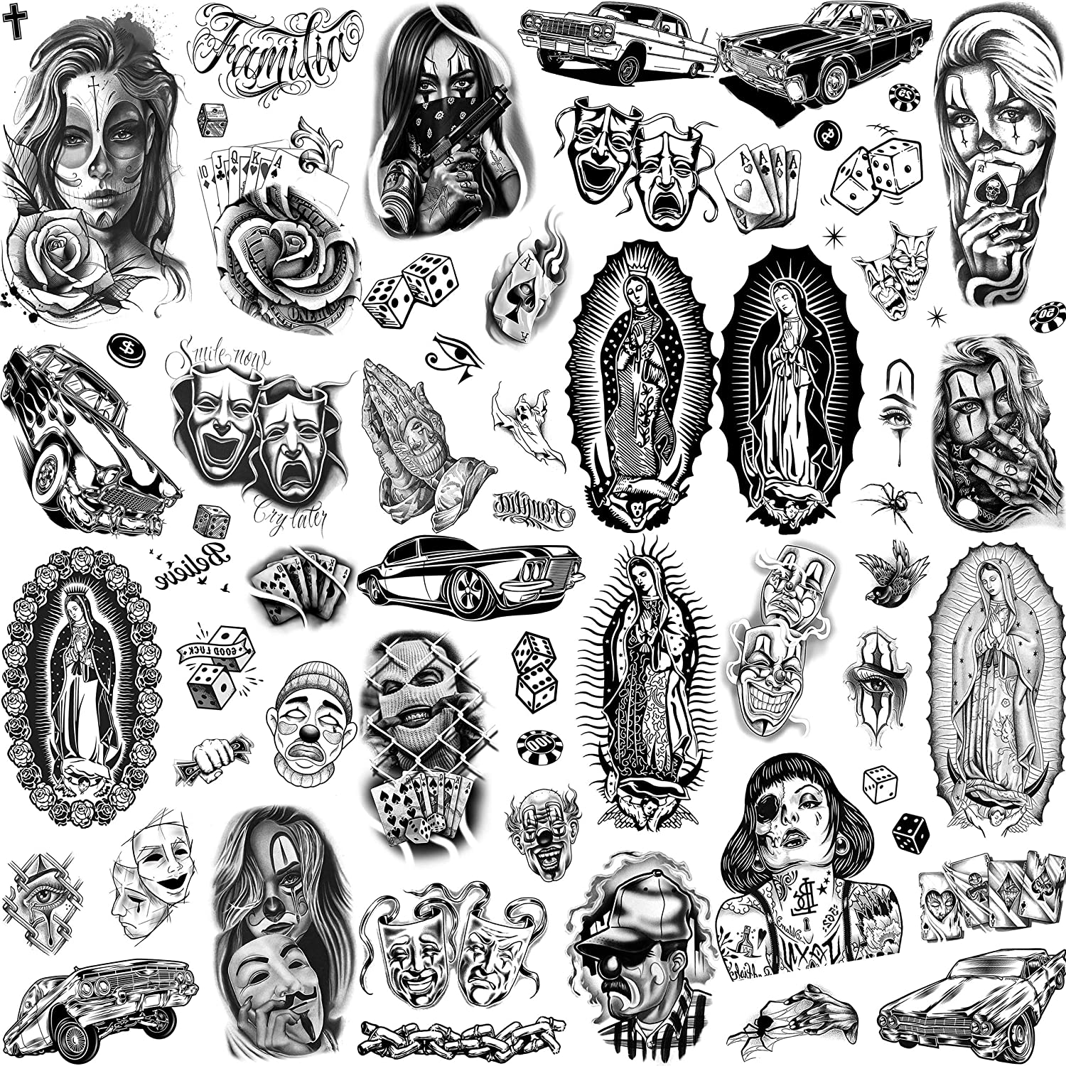

6 Sheets Chicano Temporary Tattoos For Men Women Adult, Chicana Guadalupe Gangster Fake Tattoos Halloween Day of the Dead Mexico