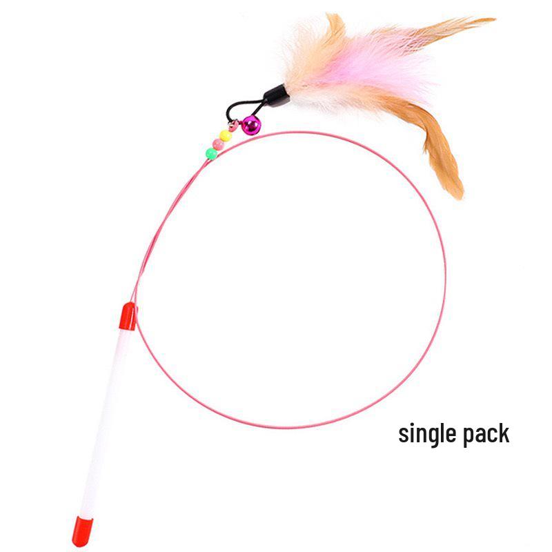 Colorful Steel Wire Cat Teaser with Bell & Feathers - Durable, Stress-Relief Interactive Toy