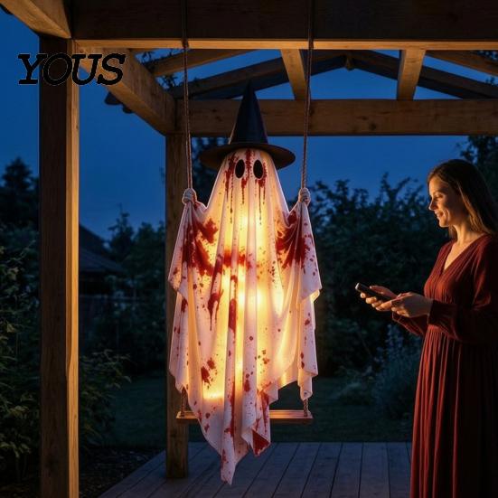 Charming Knitted Fabric Ghost Hanging Swing Halloween Decoration, Spooky Light Up Large Swinging Glowing Figure with Blood for Porch Yard Tree Holiday