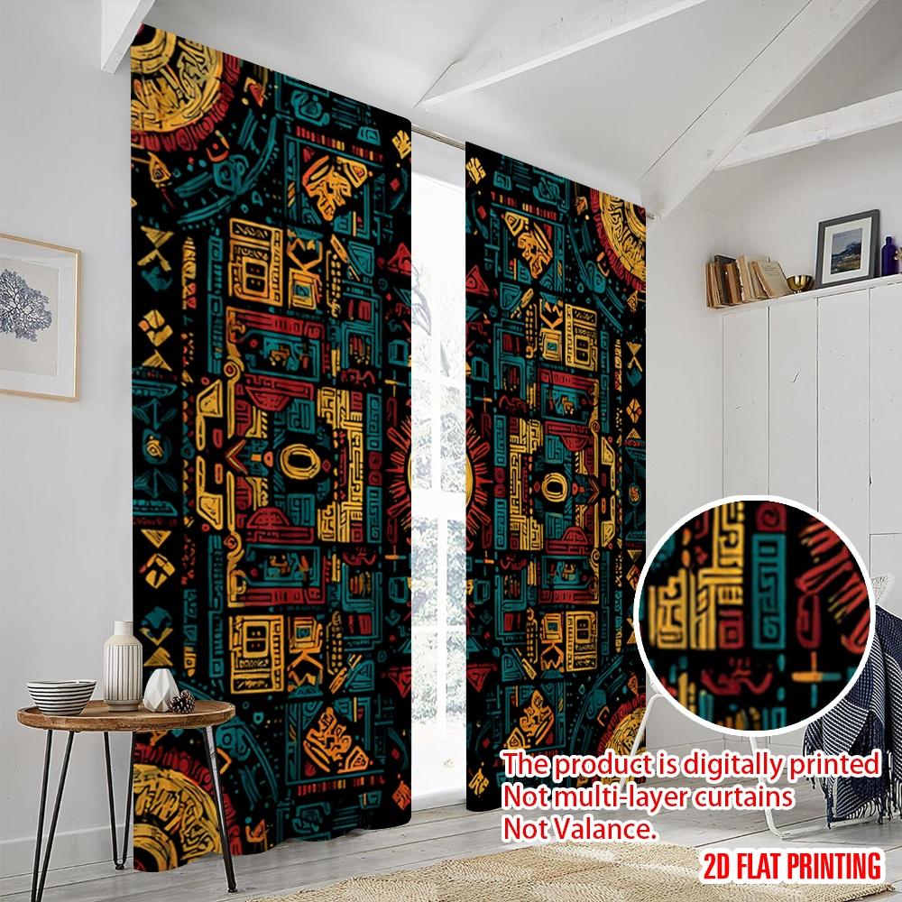 2pcs 2D flat printing Curtains Ancient Tribal Geometric Polyester Without Electricity Party Decorations for Indoor Celebrations