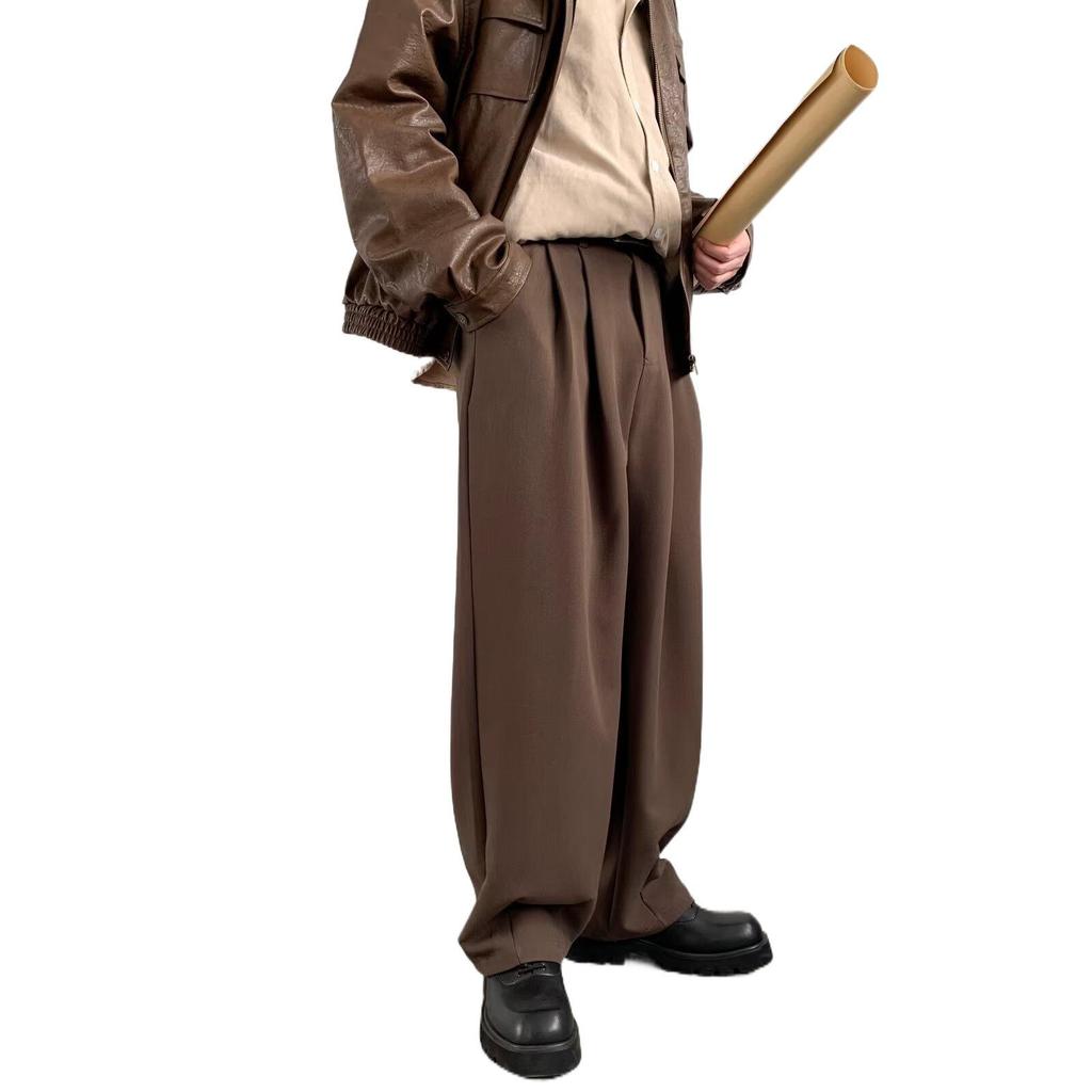 Men's Retro Brown Wide-Leg Sweatpants - Loose Straight Drape for Spring & Autumn