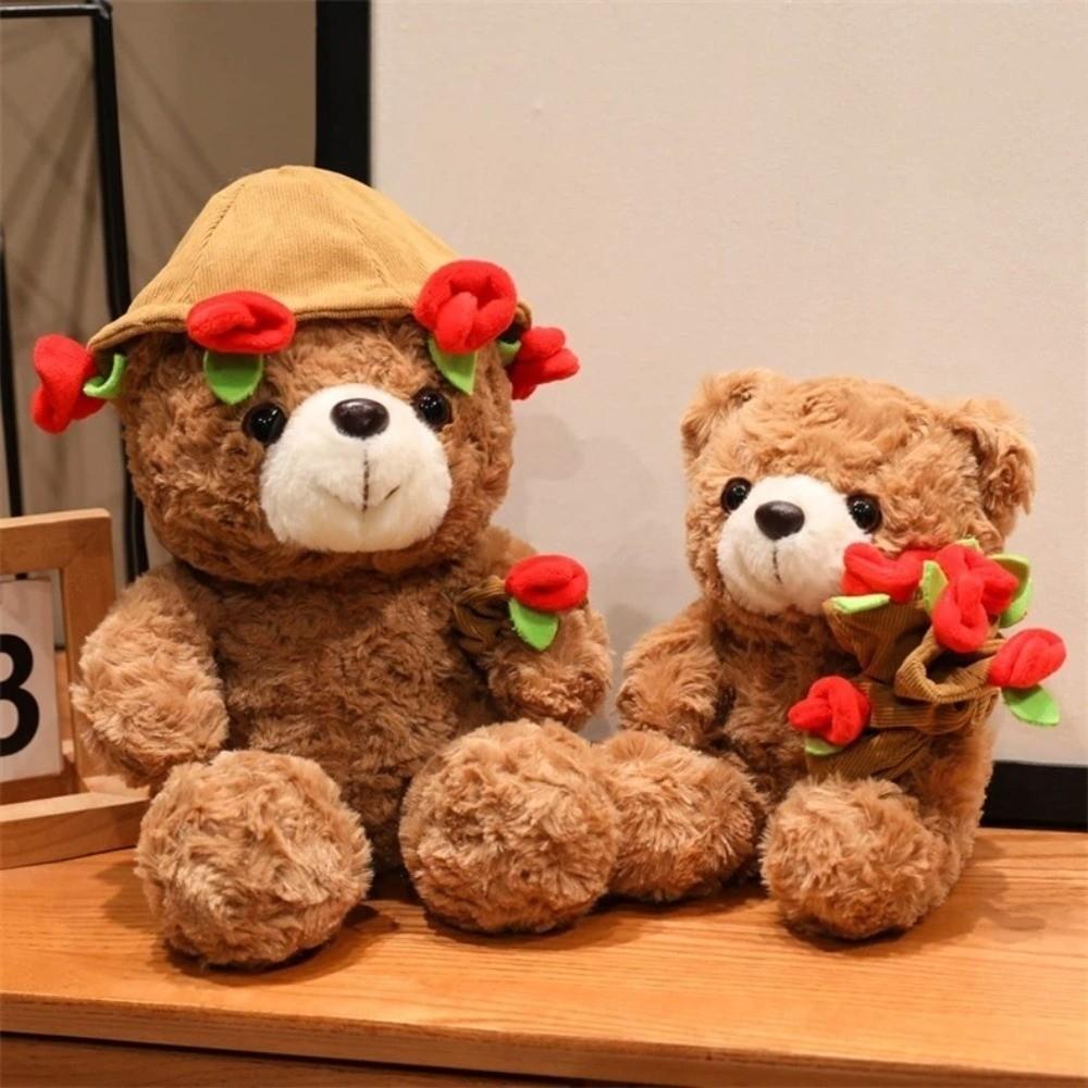 16/25CM Bear Plush Toy Romantic Bear Wear Rose Doll Holding Flowers Bear Doll Home Decoration