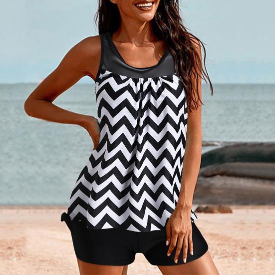 2Pcs/Set Women Summer Tankini Set O-Neck Sleeveless Padded Printing Tops Solid Color Mid-rise