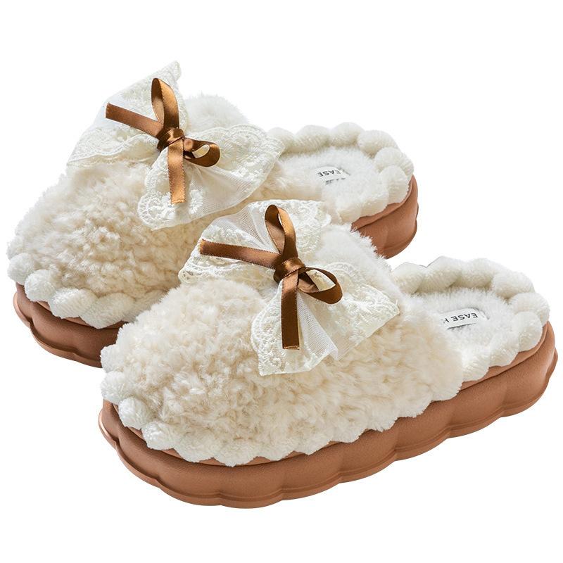 Sweet bow cotton slippers women's winter indoor home velvet warm non-slip cotton drag lady