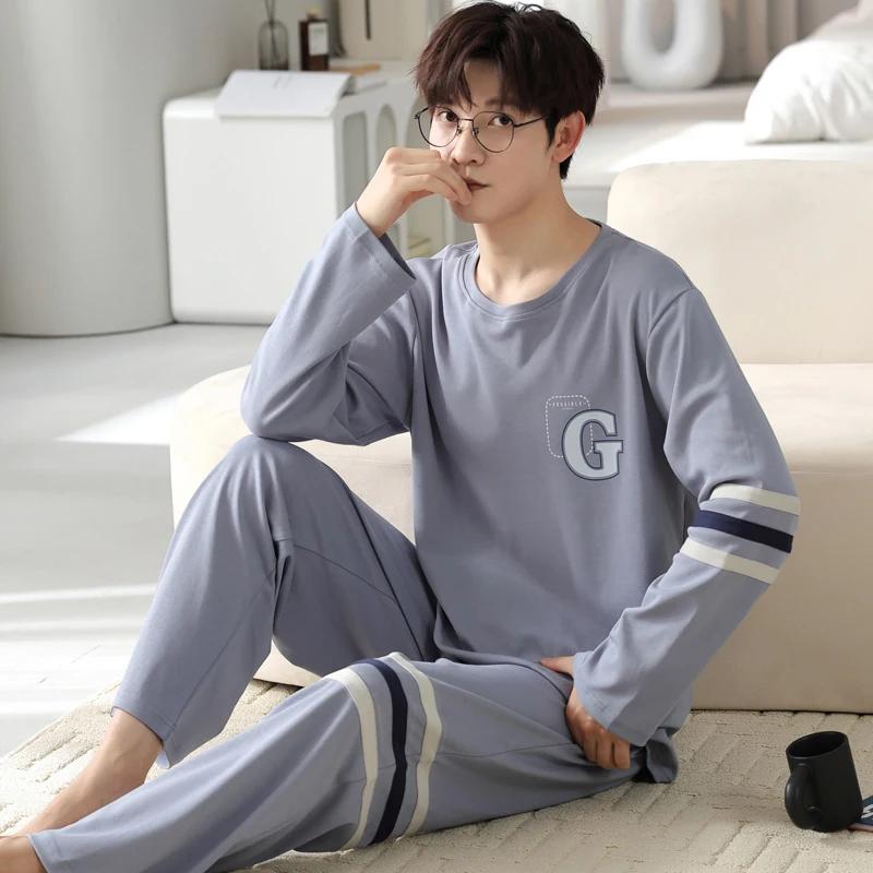 Gestreifte Baumwolle Herren Frühling und Herbst Nachtwäsche O Hals Home Kleidung Lange Schlaf Top Hose Nachtwäsche Junge Jungen Pyjamas Hombre