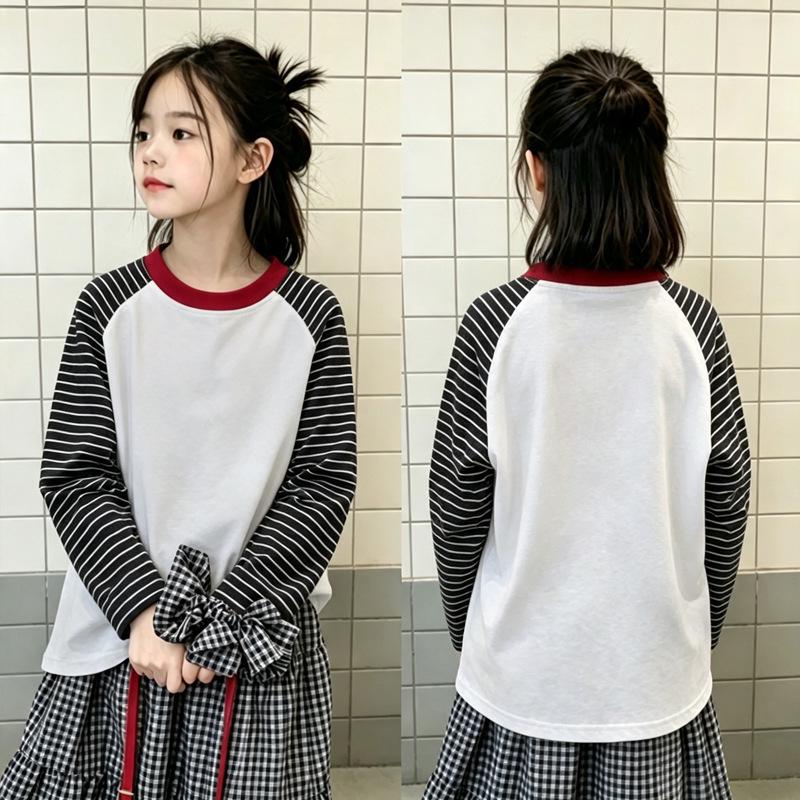 Girls' Striped Cotton Long-Sleeve T-Shirt, Spring/Autumn Style, Loose Fit, Versatile Patchwork, Round Neck, Medium to Large Sizes