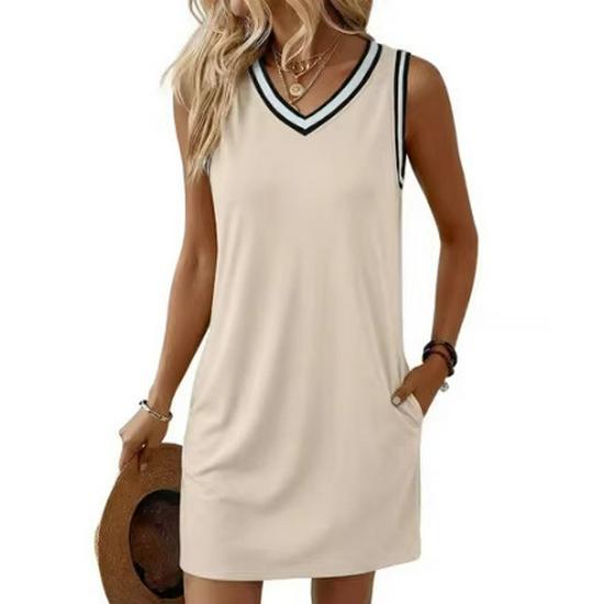 2026 European Retro V-Neck Sleeveless Contrast Piping T-Shirt Dress for Women