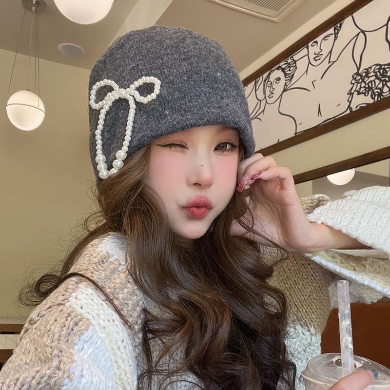 

Korean Pearl Bow Hat Women s Versatile Fashion Wool Hat Big Head Circumference Showing Face Small Ear Protection Knitted Cold Hat Trendy M（56-58cm）
