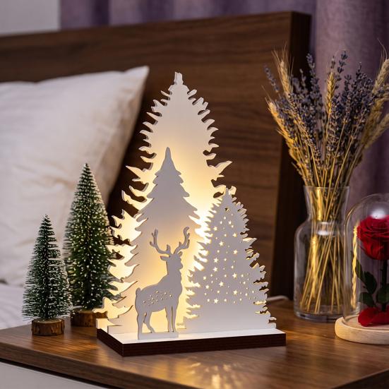 Wooden Christmas Decorations Vintage Tree, LED Lighted Tabletop Centerpiece Decorations, Eco Friendly Ornaments Winter Reindeer Xmas Desktop