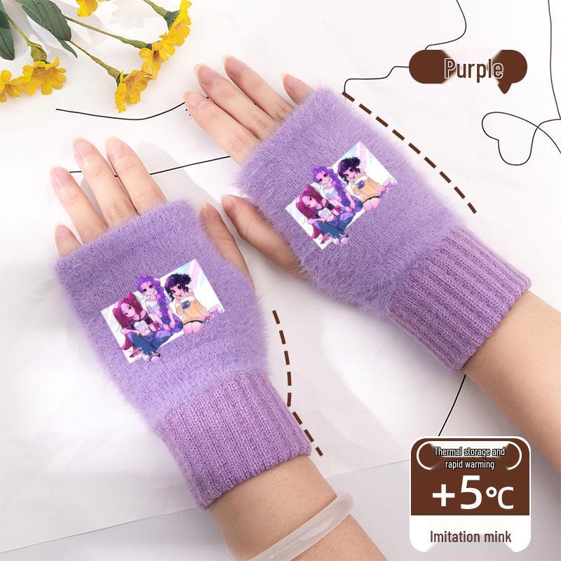 Kpop Women's Fingerless Knitted Gloves - Versatile Warm Plush Autumn/Winter Half-Finger Hand Socks, Solid Color for Students.