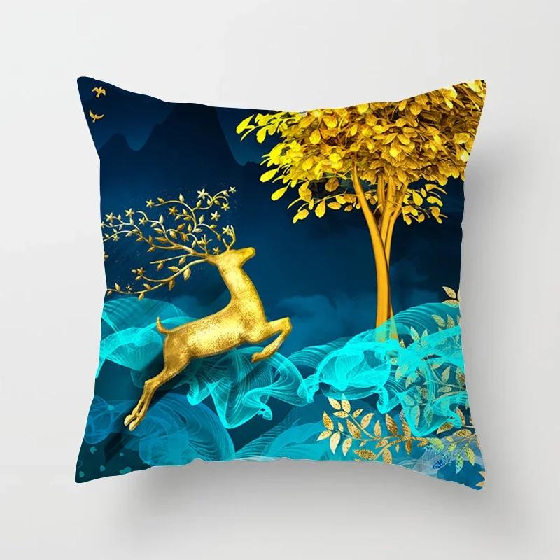 Black Gold Drawing Leaf Elk Tree Bird Butterfly Printed Square Pillowslip Polyester Cushion Cover Pillowcase Living Room Home