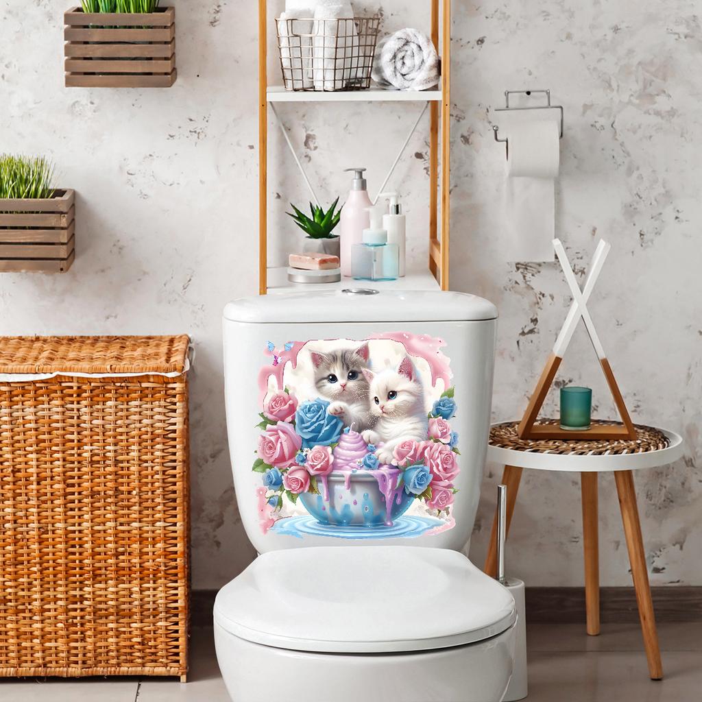 Cat & Floral Animal Toilet Stickers, Waterproof Removable Self-Adhesive Bathroom Wall Decals