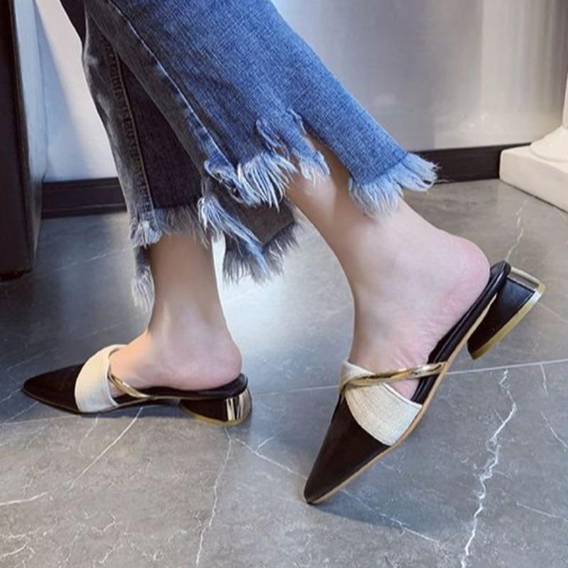 Shoes for Women Sexy Pointed Toe with Heel Sandals Beige Woman Mules Slippers Small Size Clappers Summer Footwear Eva Slides