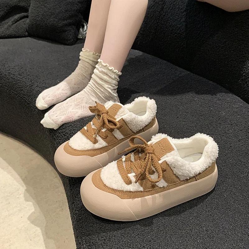 Women's Lace-up Color-blocked Thick Soles 2024 Color-blocked Women's Shoes Winter New Lace-up Plush Warm Casual Cotton Shoes