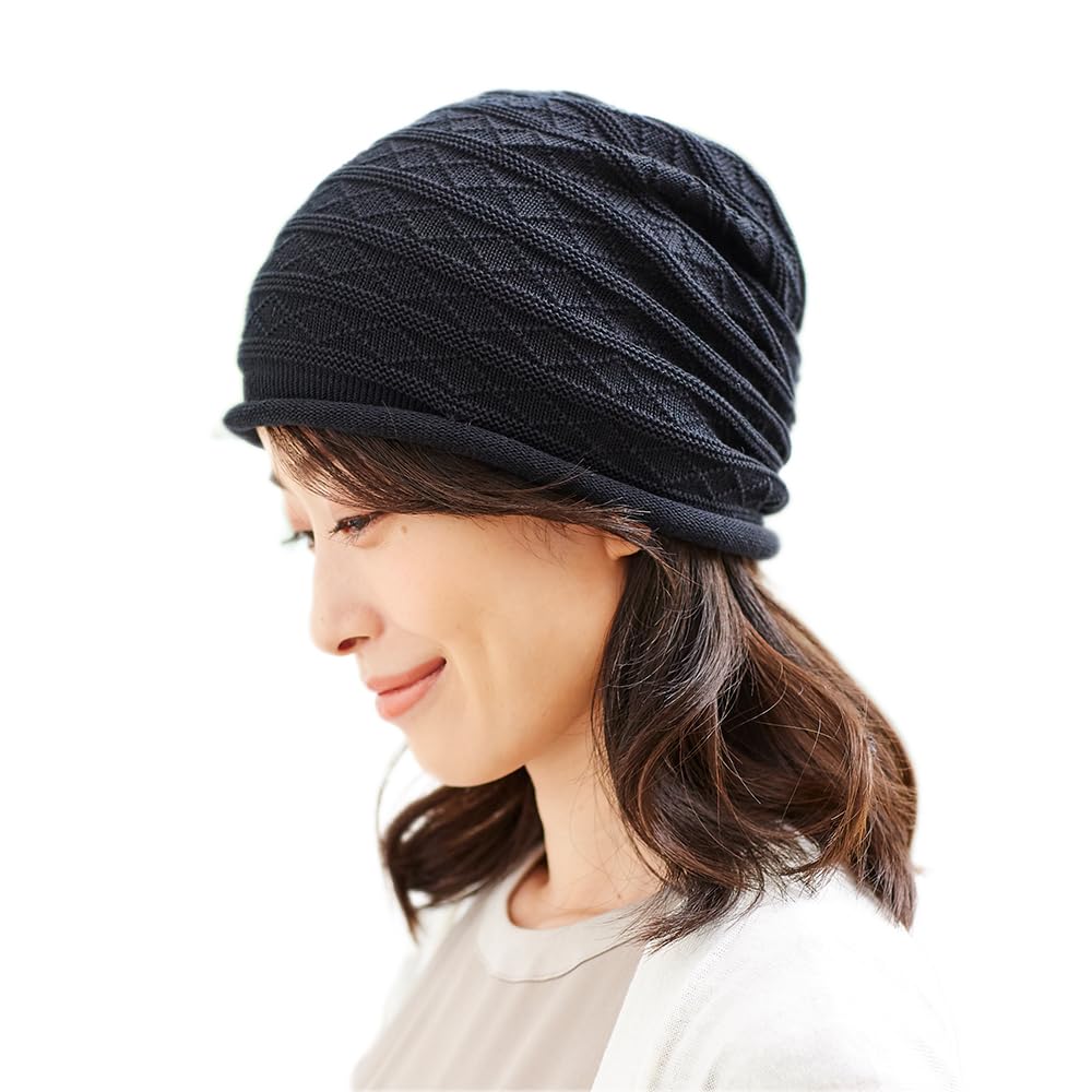 Aimedia Hair Organic Made In One Size Fits Conceals Gray and Thinning Knit Indoor Black Cap, 100% Cotton, Japan, Women's, All, Hair, Hat, Use,