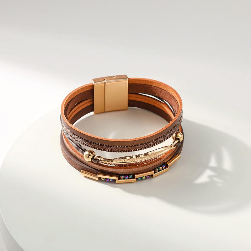 Bohemian Style Multi-layer PU Leather Bracelet Women's Leaf Magnet Buckle Jewelry Accessories