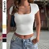 Dámský crop top čtvercovým výstřihem, krátkým rukávem, jednobarevný, přiléhavý, ležérní tričko