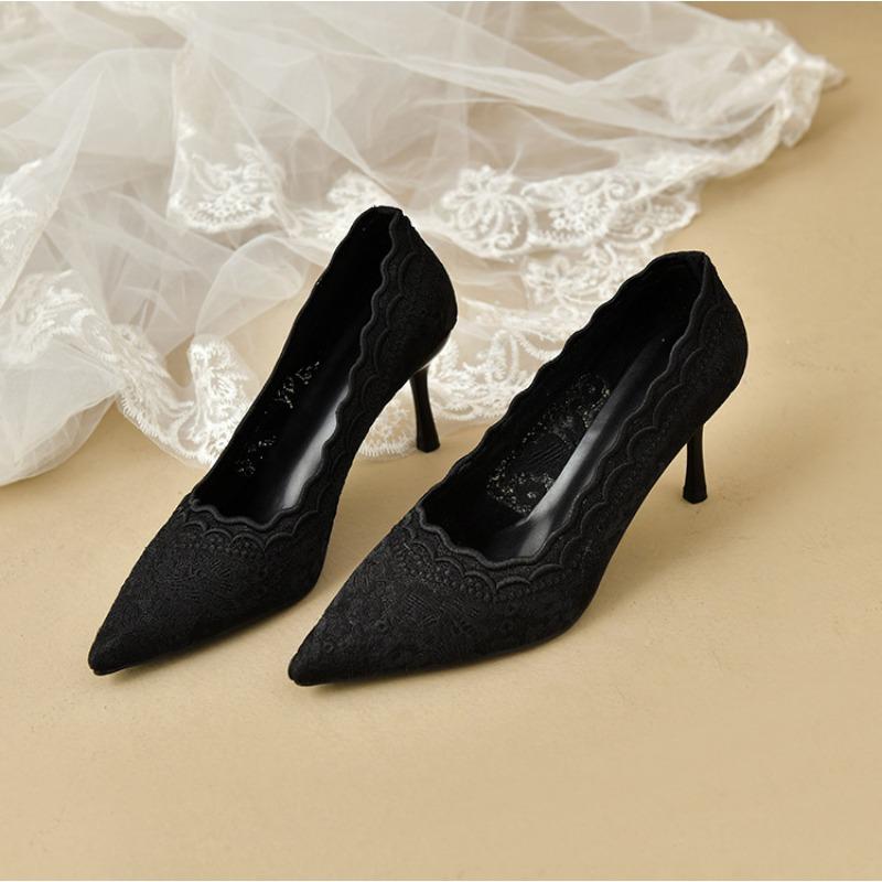 White high heels wedding shoes women's spring new pointed head stiletto embroidered lace Xiuhe wedding bride shoes
