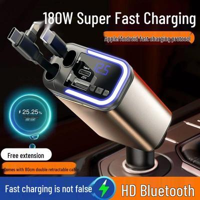 180W Autoladegerät mit einziehbarem Kabel, 5-in-1 Bluetooth USB-Speicherstick, Digitalanzeige, Musikplayer