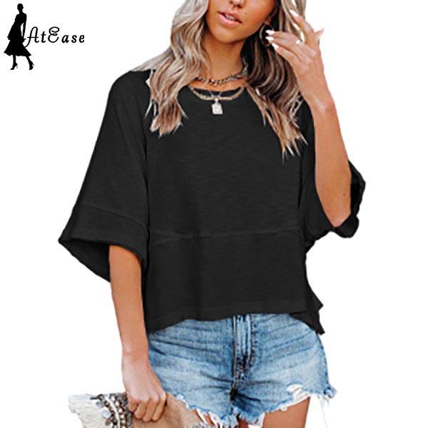 

Женская мода Летняя футболка Круглая шея с короткими рукавами Flare Sleeve Сплошной цвет Футболка Лето Повседневная Тонкая Лаконичная футболка