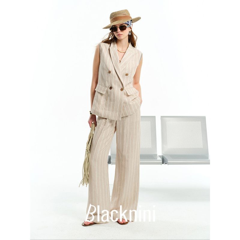 Blacknini "City Suit" Italian Alfafi Linen Old Money Stripes Suit/Vest/Pants