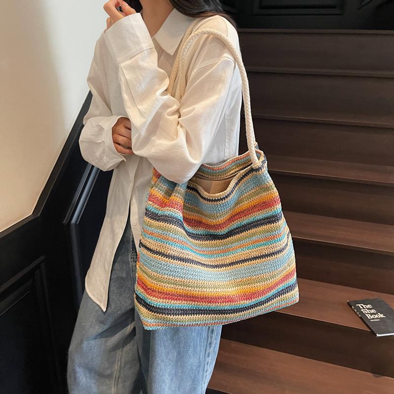 Seaside Vacation Straw Woven Bag Women's Large Capacity Rainbow Tote Bag Travel Commuter Shoulder Bag