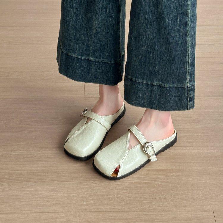 Soft Leather Cool Slippers Women's 2025 Summer New French Soft-soled Bag Head Half Drag Small Fragrant Wind One Foot Mary Jane Shoes