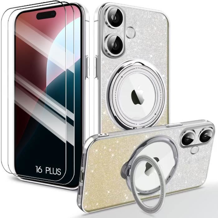 Coque + 2 verres trempés pour iphone 16 plus, protection silicone avec support magnétique rotatif argenté scintillant