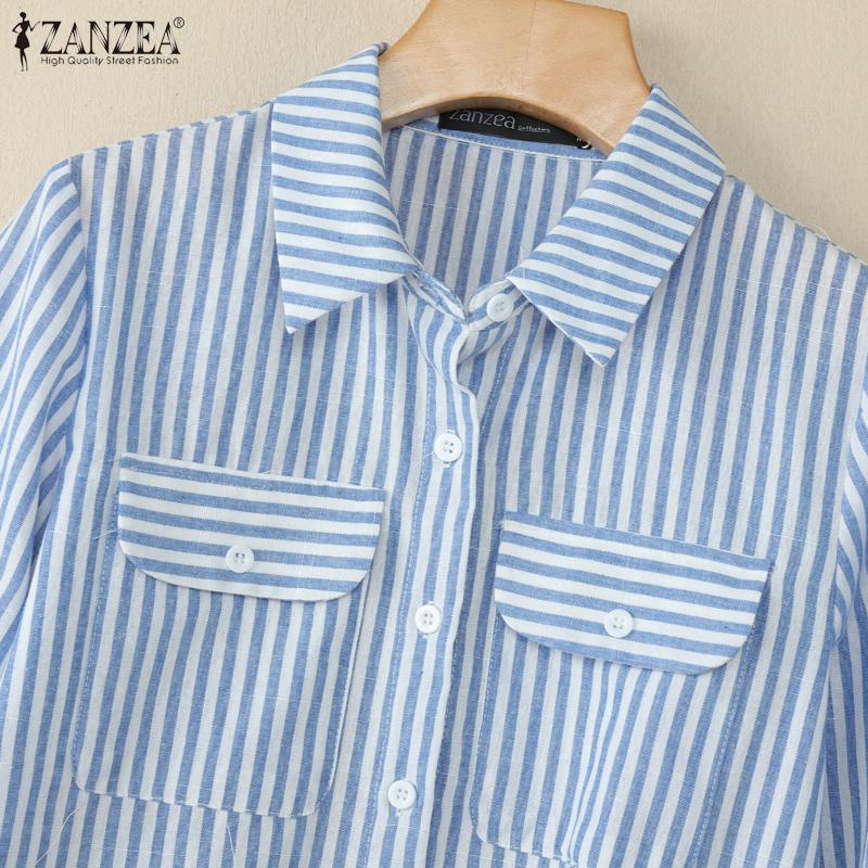 ZANZEA Women Turn Down Collar Loose Casual 3/4 Sleeve Stripe Blouse