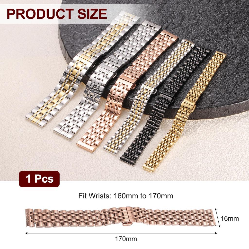[uxcell] Stainless Steel 16mm Quick Release Metal Watch Band with Butterfly Clasp, Replacement Strap with Removal Tool, Rose Gold, Men's & Women's