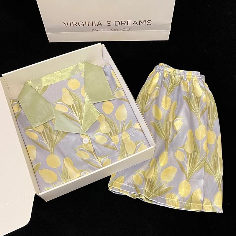 

Свежая и элегантная женская летняя пижама с принтом тюльпанов, повседневная пижама в корейском стиле, новая женская домашняя одежда M