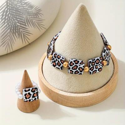 Boho Geometric Leopard Bracelet & Faux Pearl Ring Set