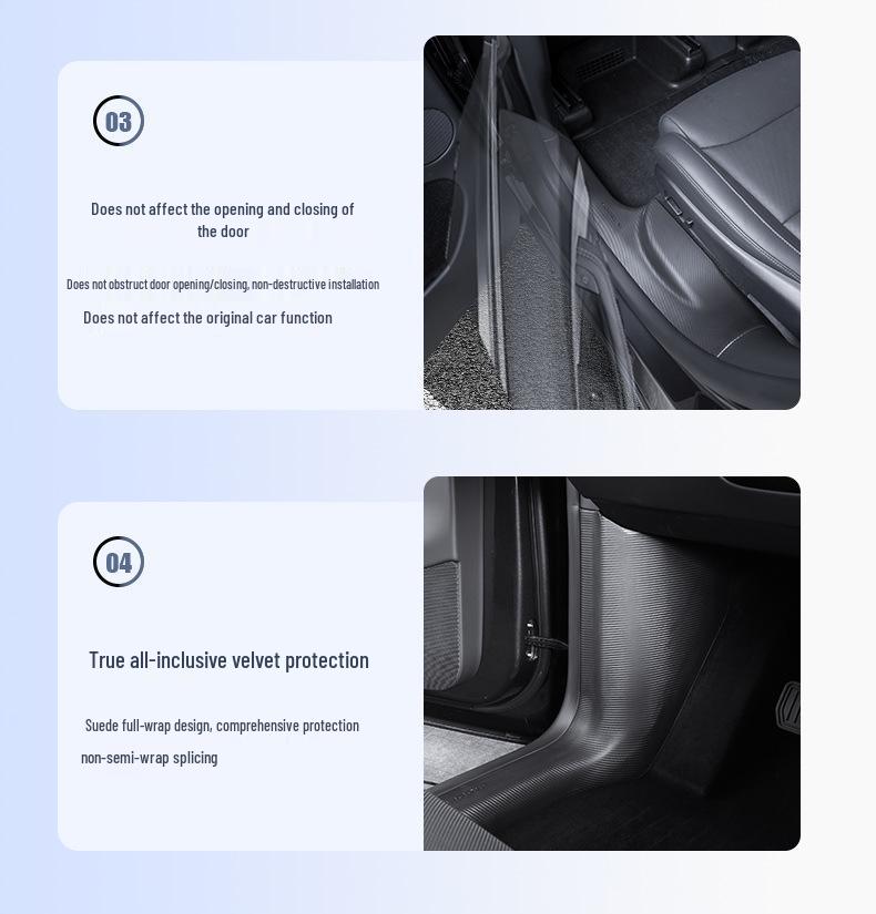 Tesla Model YL Accessories: Updated 6-Seater Door Sill Strips, Center Console Anti-Kick Panels, and Front/Rear Seat Protectors.